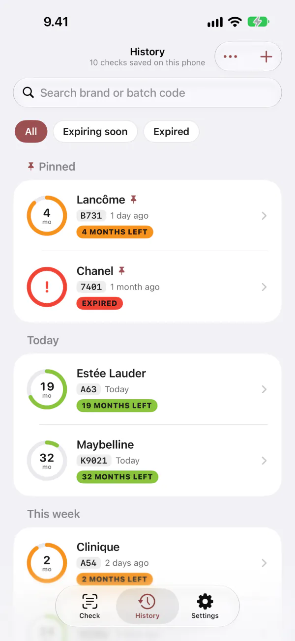 History screen: checks saved on this phone, grouped by day