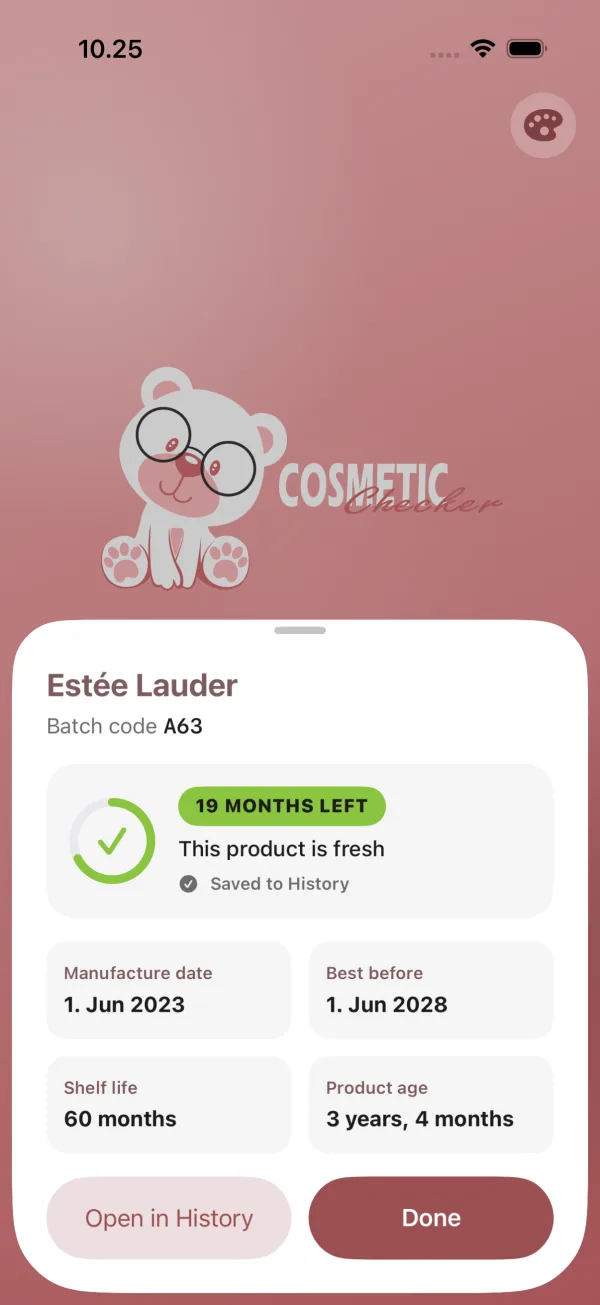 Example result: batch code A63 for Estée Lauder, manufactured 1 June 2023, 19 months left