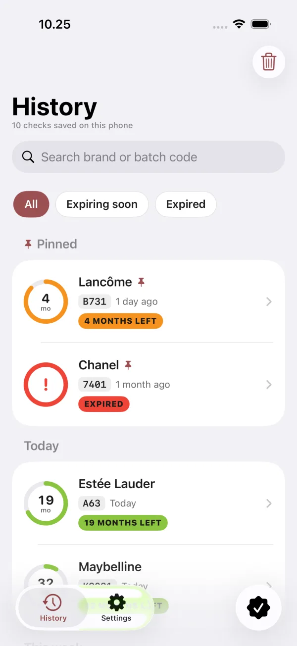Check history with freshness status for each product