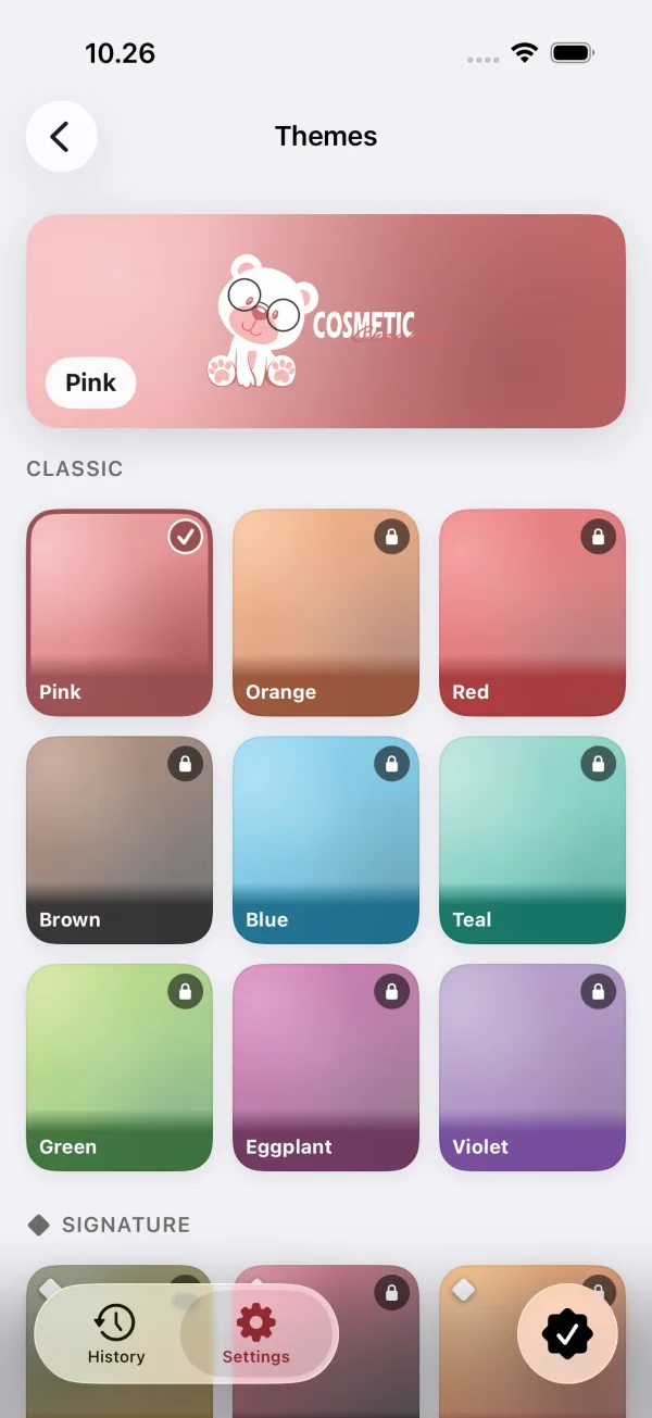 Theme picker with classic and signature themes